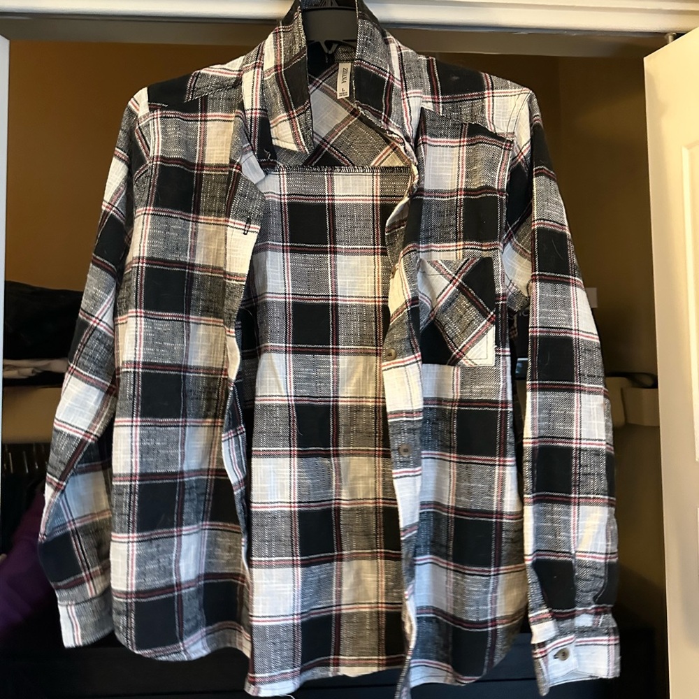 Zenana Outfitters Black and White Plaid Shirt with Red Stripes